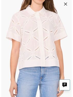 Halogen White Short-Sleeve Eyelet Button-Down Top 100% Cotton - Size Medium